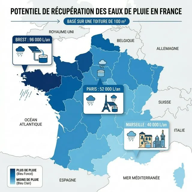 carte de France volume d'eau de pluie récupérable