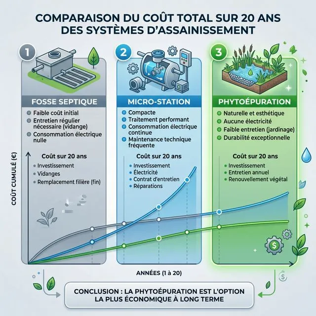 Infographie comparant le coût total sur 20 ans entre une fosse septique, une micro-station et la phytoépuration