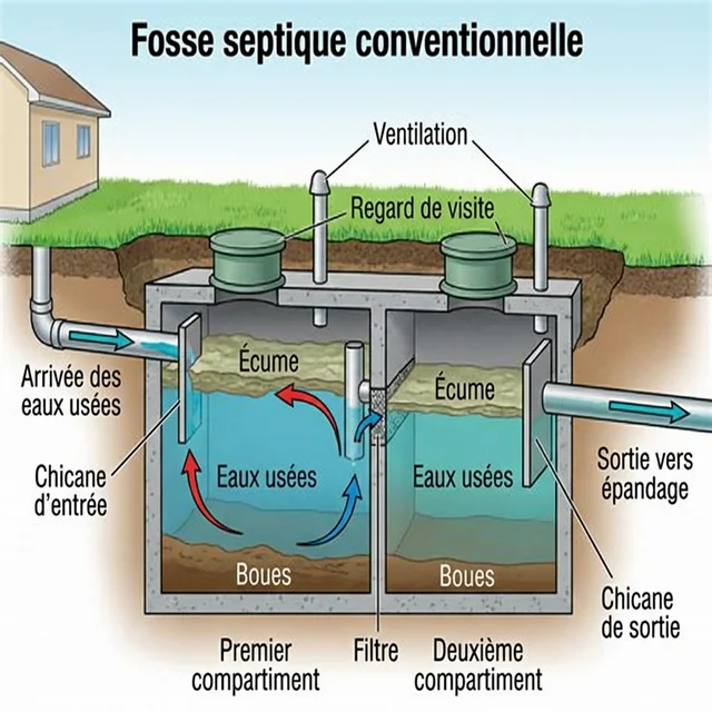 Schéma d'une fosse septique classique (fosse toutes eaux) avec son système d'épandage souterrain.