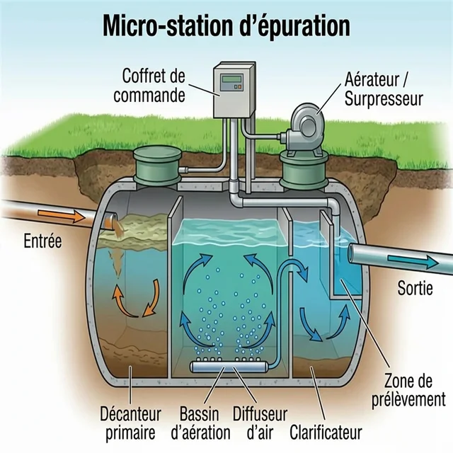 Vue en coupe d'une micro-station d'épuration montrant le réacteur biologique et l'injection d'oxygène
